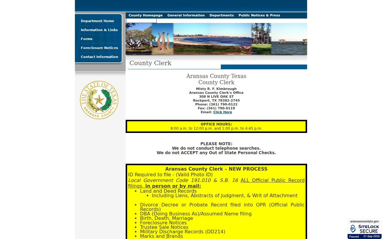 Aransas County Clerk notice that telephone record searches are not conducted