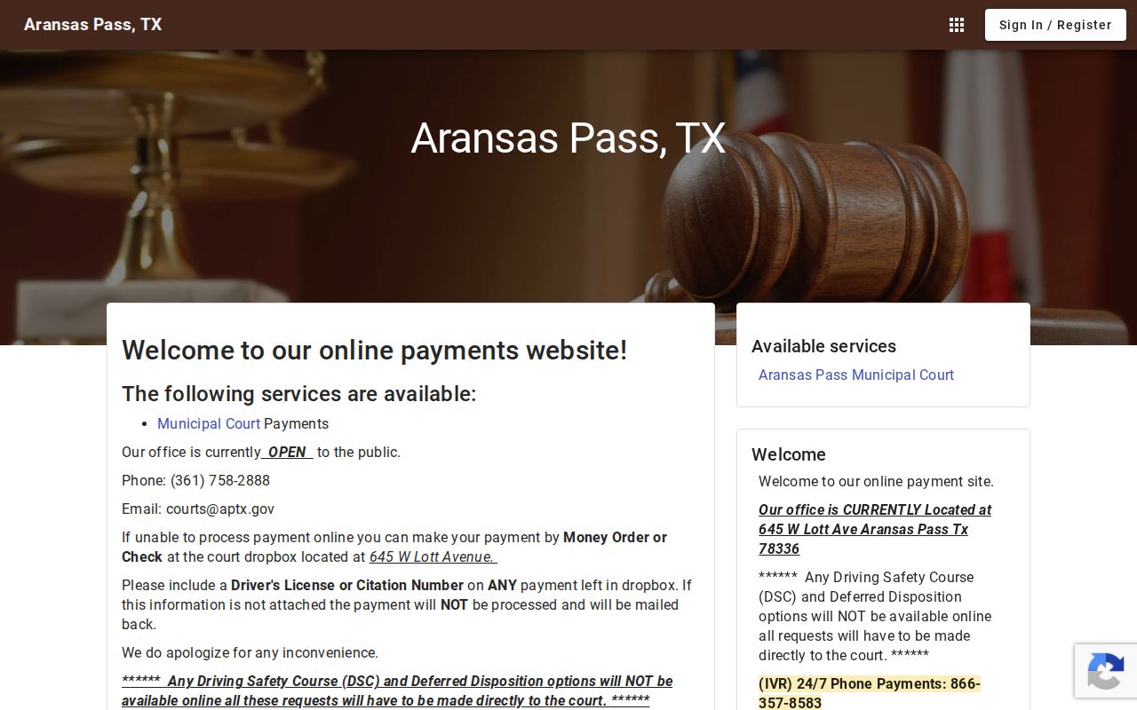 Aransas Pass Municipal Court payment portal title and service entry point