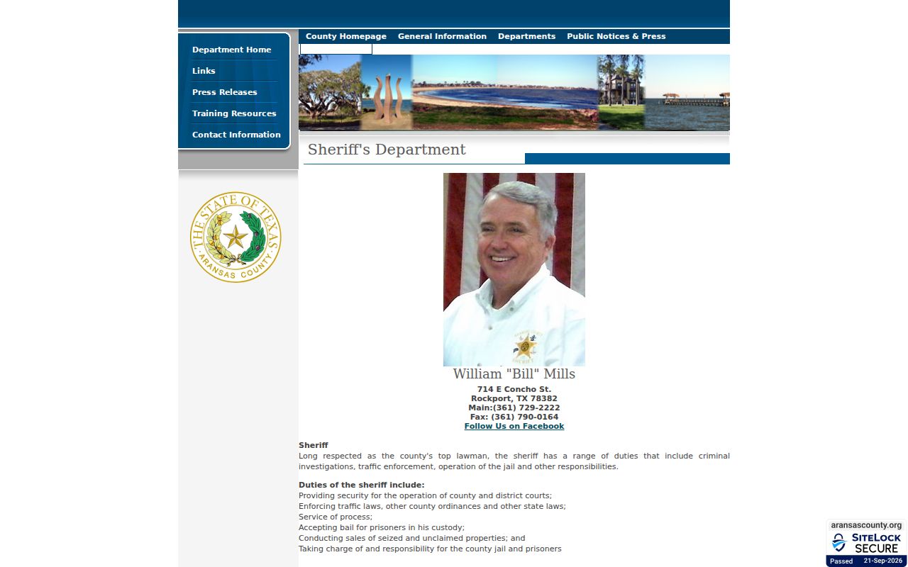 Aransas County Sheriff official page and contact area