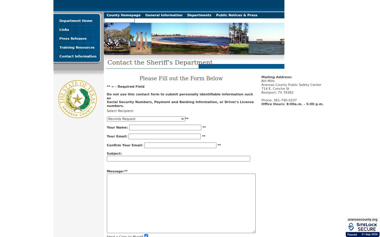 Aransas County Sheriff public contact form fields and sensitive-information notice