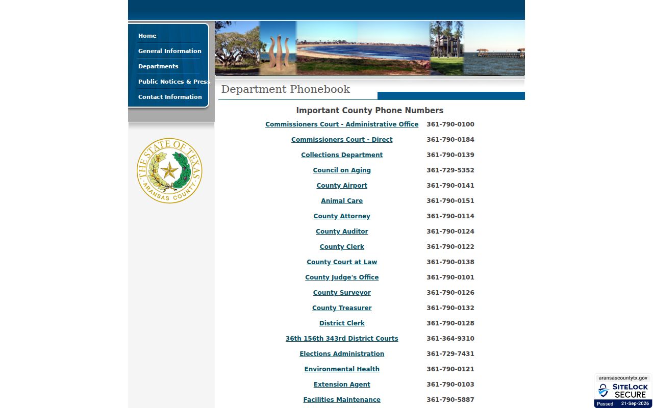 Aransas County official directory with court, clerk, JP, and Sheriff contacts